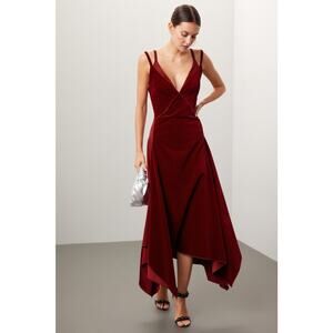 MONSE Red Velvet Front A-Line V-Neck Slip Midi Dress Size 4